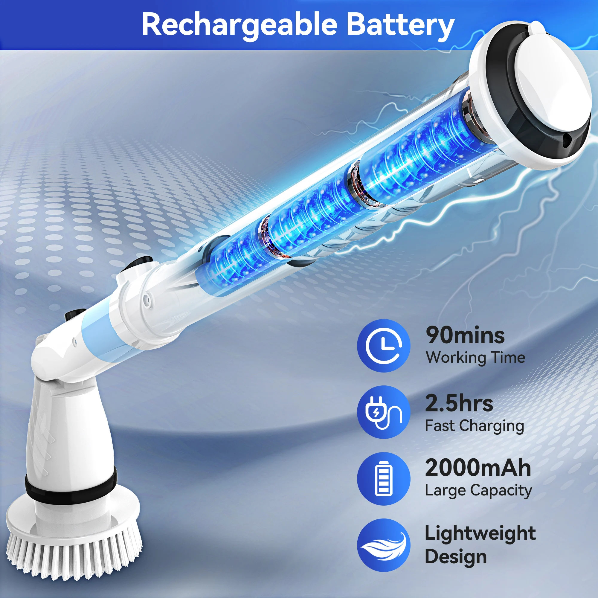 فرشاة تنظيف الدش اللاسلكية الكهربائية 450 دورة في الدقيقة مع 5 فرش قابلة للاستبدال مقبض تمديد قابل للتعديل للحمام