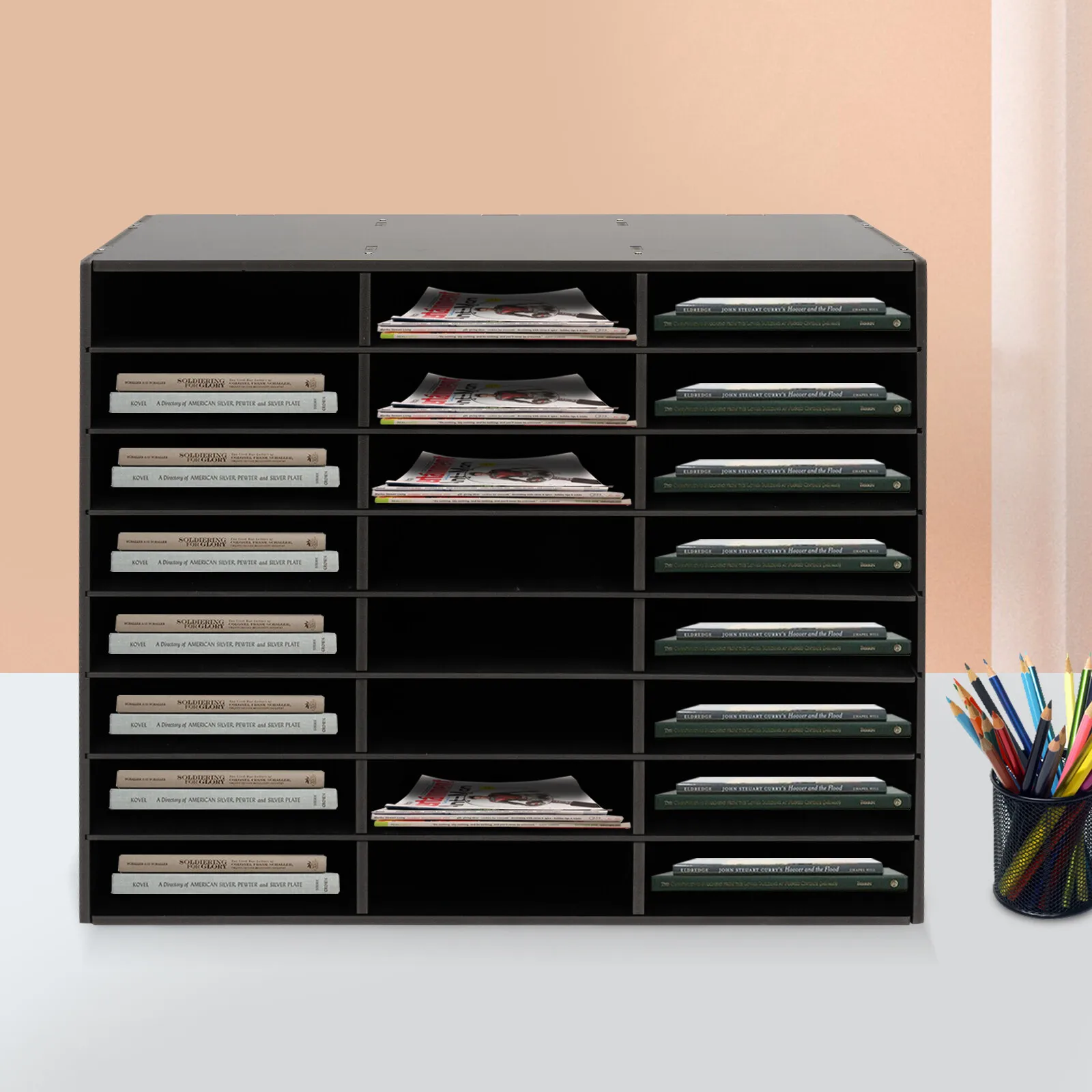 

24-Slot Black Literature Organizer, 132lbs Capacity Desktop File Sorter, PVC Mail Holder with Removable Dividers