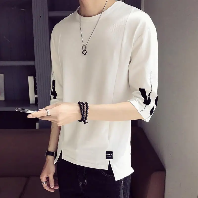 2024 New Summer Casual Minimalist Fashion Round Neck Color Blocking Loose Oversized Versatile Three Quarter T-shirt for Men