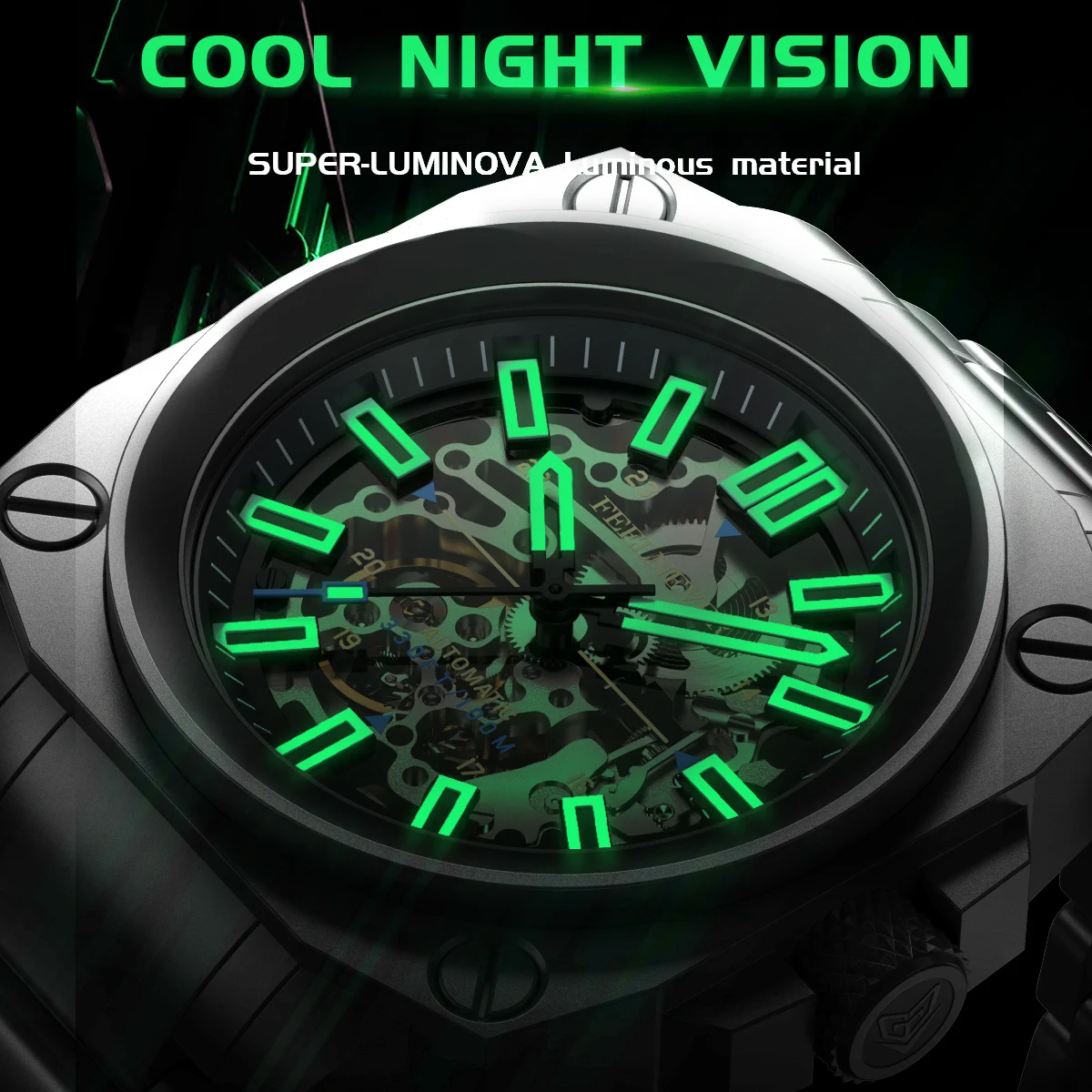 FeelNever Creative Automatic Movement Men\'s Watches Hollow Fashion Casual Sport Military Leather Waterproof Mechanical Watch+Box