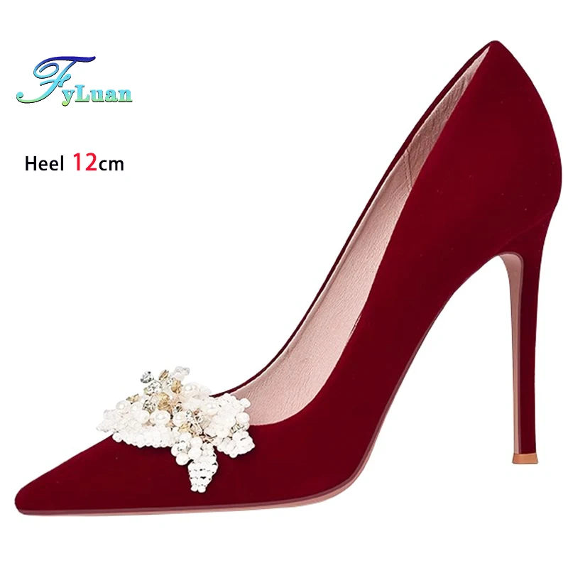 

Красные женские туфли на высоком каблуке 12 см, 10 см, 8 см, замшевые женские туфли-лодочки на тонком каблуке с жемчужным цветком и острым носком, свадебные туфли на шпильке с неглубоким носком