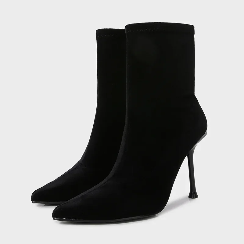 

Сексуальные бархатные ботинки на высоком каблуке с острым носком и эластичной резинкой, женские роскошные дизайнерские ботильоны с боковой молнией, элегантные женские зимние ботинки на шпильке