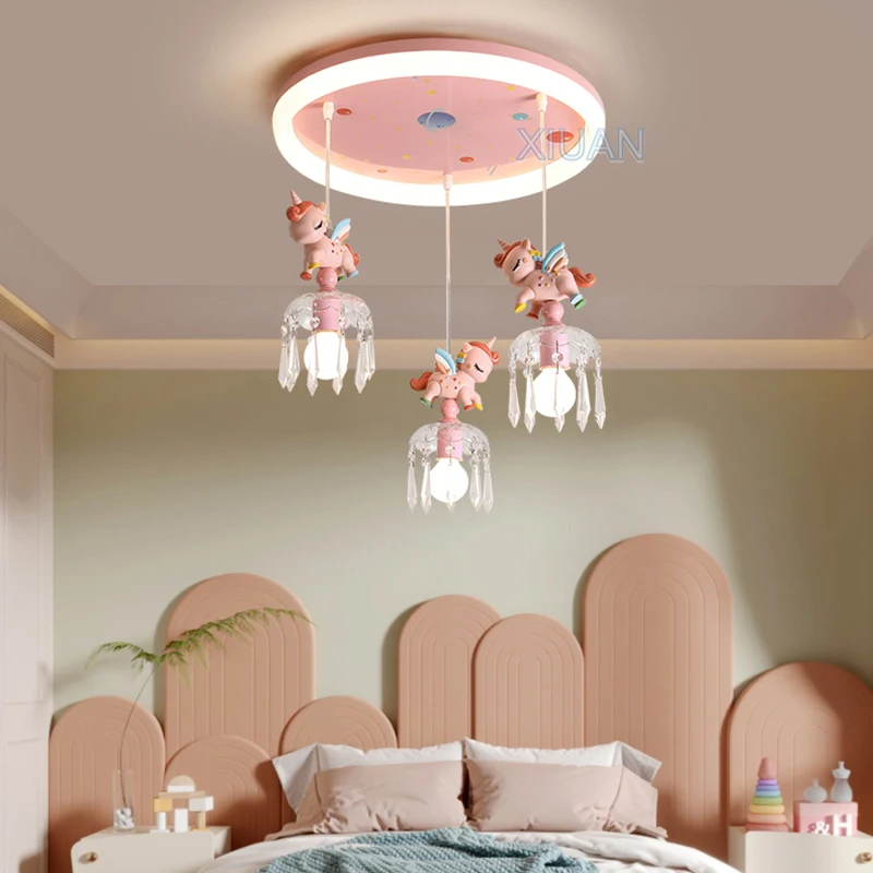 Cartoon Pegasus Lamp Pink Princess Room Ceiling Light Resin Unicorn Astronaut Kids Bedroom Hanging Lamps Baby Girl Children Lamp