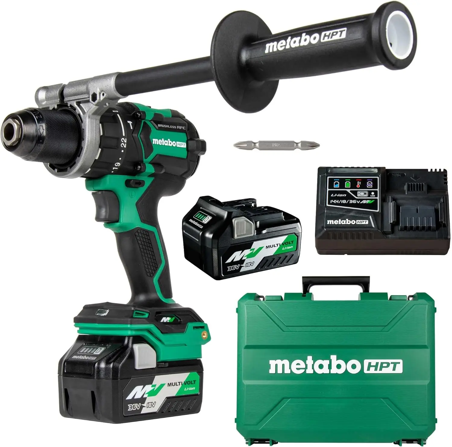 Metabo HPT 36V MultiVolt Cordless ½-Inch Hammer Drill Kit 1,400 in-lbs. Max Torque Reactive Force Control Optional AC Adapter