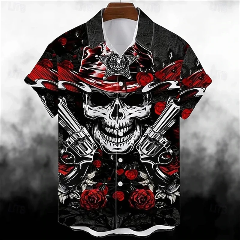

2025 New Men's Summer Retro Double-gun Print Shirt Devil's Halloween Short-sleeved Fashionable O-neck Men's Oversized T-shirt