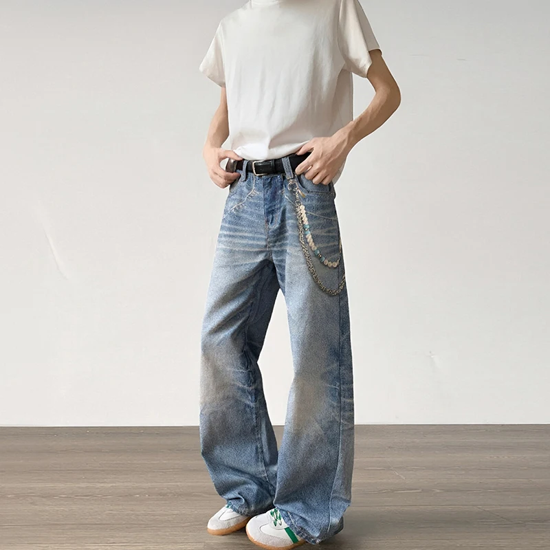 American Style Male Denim Pants Straight Baggy Man Fashion 3D Digital Printing Chain Pendant Jeans 2026 Spring Autumn Bottoms