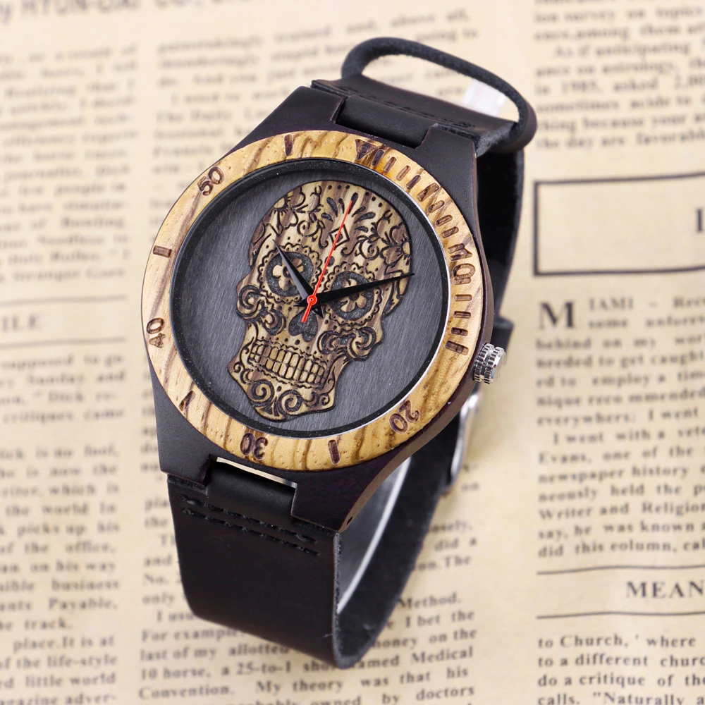 

Узоры с резьбой, крутой скелет, мужские персонализированные аксессуары для отдыха, модные аксессуары по индивидуальному заказу, часы, кварцевый ремень, деревянные часы