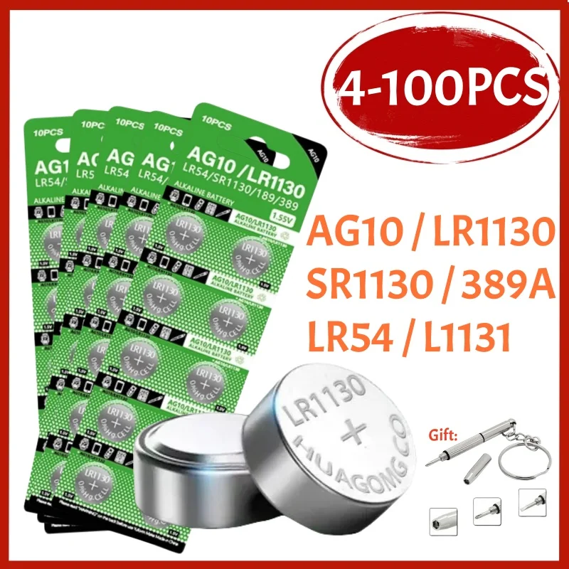 4-100PCS LR1130 AG10 189 389 LR54 RW89 L1131 Button Batteries For Watch Toys Remote SR1130SW AG 10 Cell Coin Alkaline Battery