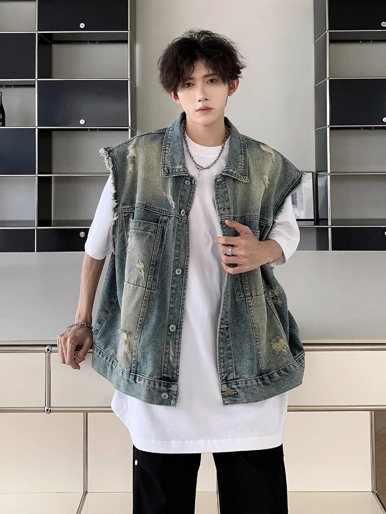 Vintage Washed Denim Vest Men's Waistcoat Summer Distressed Ripped Sleeveless Jean Gilet Oversized Cool Casual Streetwear Jacket