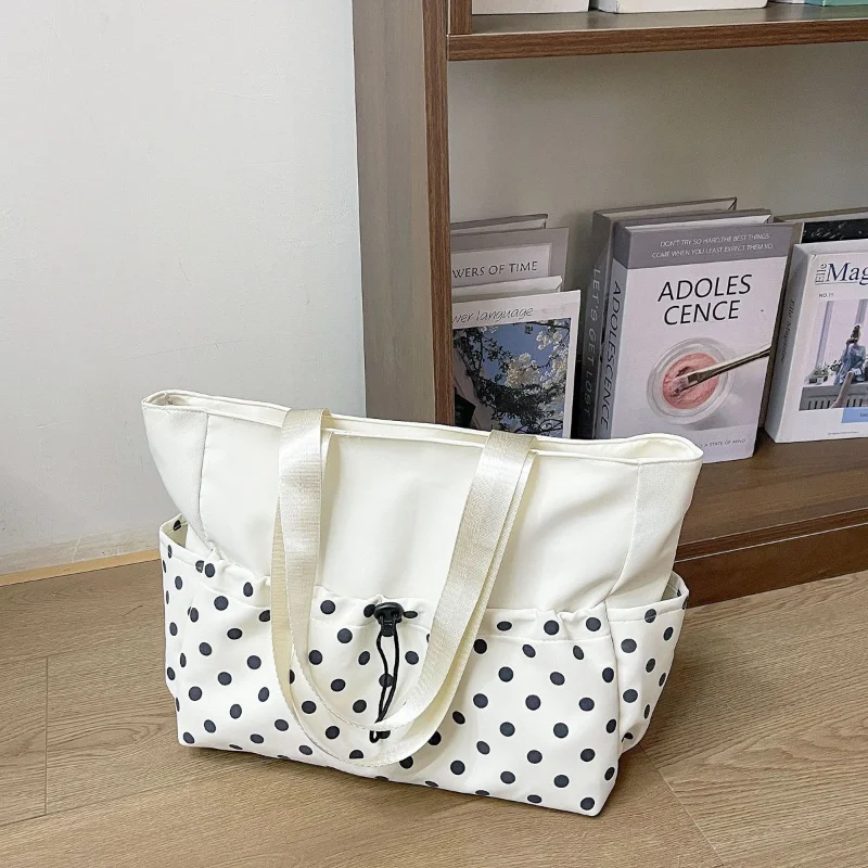 

Корейская нейлоновая сумка-тоут в горошек с лоскутным узором, сумка-ведро на шнурке, вместительная сумка через плечо, универсальная сумка-тоут с боковым карманом