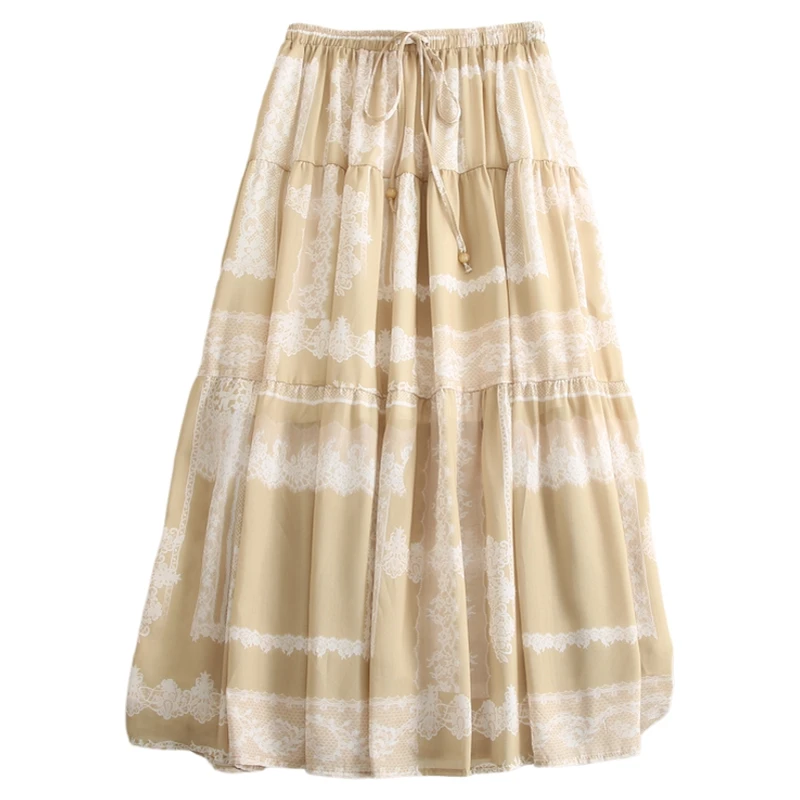 Gonne a torta a strati blu stampate con lacci eleganti francesi per le donne Abito estivo a trapezio stile fata da ragazza dolce elastico in vita