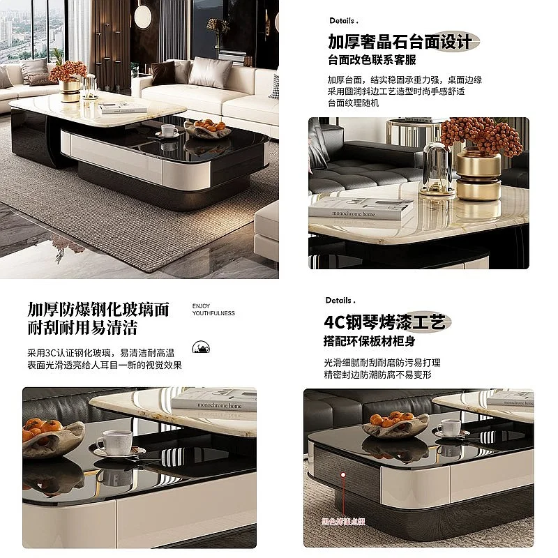 Italian Style Extendable Coffee Table Modern Rectangle Microcrystalline Glass Rock Panel Living Room Tea Table