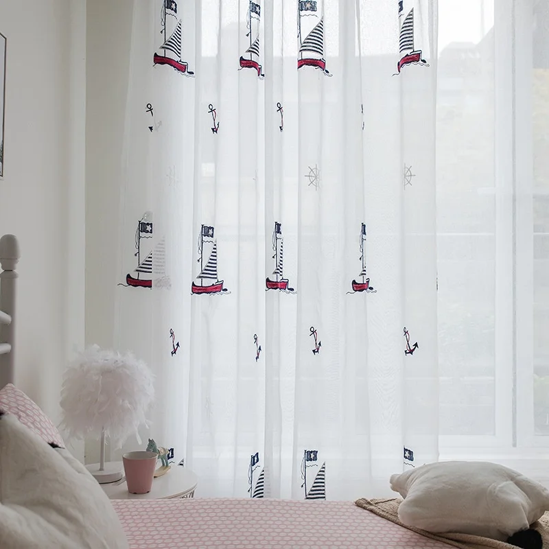 Children Bedroom White Embroidered Sailboat Window Drapes Curtain Decoration Tulle Curtains S286&C