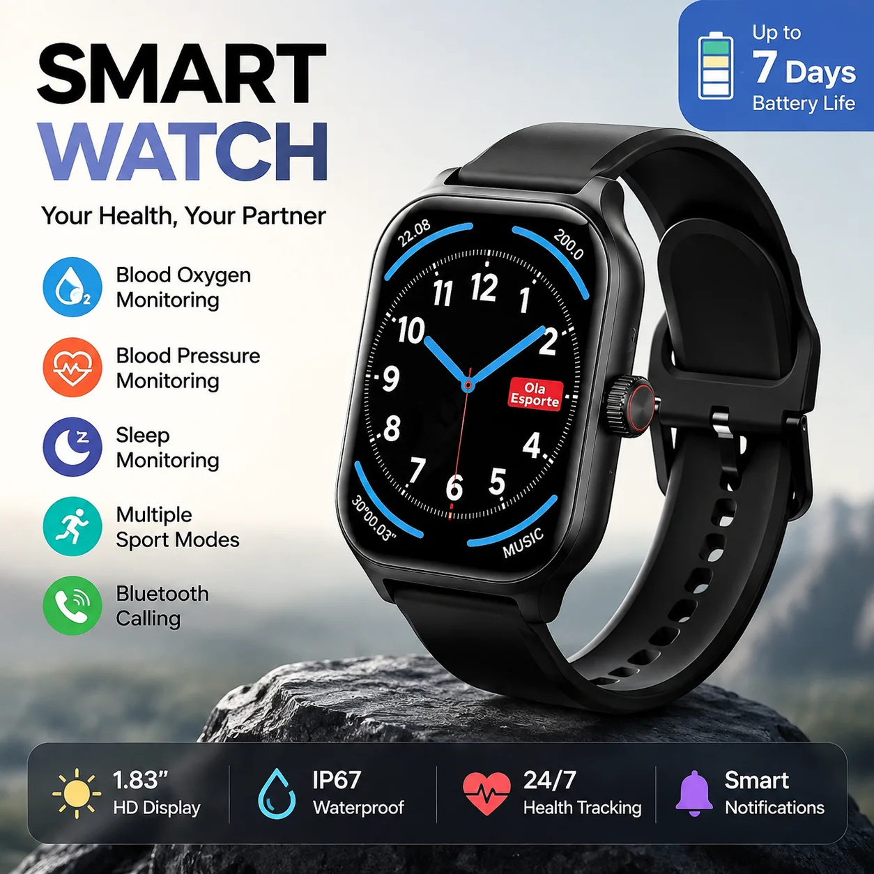 Smartwatch für Männer und Frauen 1,83'' HD-Display Bluetooth-Anruf Smartwatch Blutdruck-Herzfrequenzmesser Schlaftracker Sport Fitness