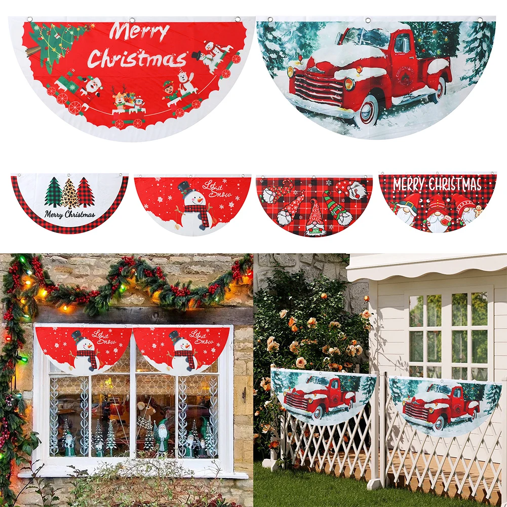 

1pc Christmas Fan-Shaped Hanging Flag 45x90cm Cartoon Print Outdoor Door Hanging Household Decor Supplies