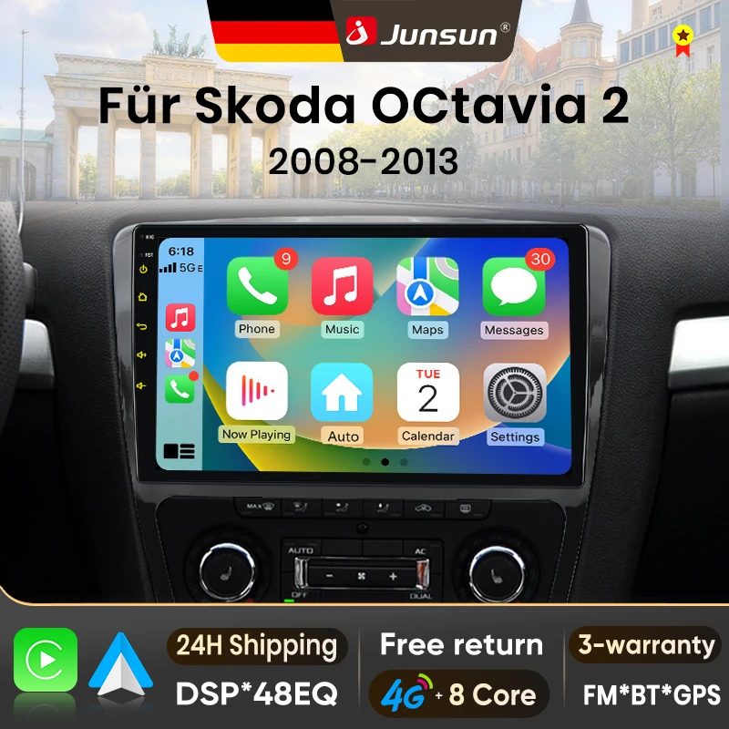 Autoradio Android 15 10 pouces Junsun pour Skoda Octavia 2 A5 2008-2013, sans fil, compatible Apple CarPlay, écran IPS, lecteur multimédia vidéo, système intelligent automobile, autoradio 2 Din, GPS, navigation, BT, 4G, WIFI, 8 cœurs, FM, AM, DSP, RDS, SWC, DAB