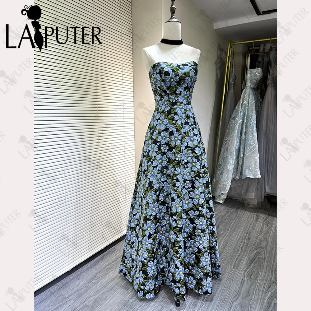 Floral Jacquard Blue Prom Dresses A line Off Shoulder Floral Evening Gowns Blue Flowers Cute Girl Celebrity Dress with Pockets