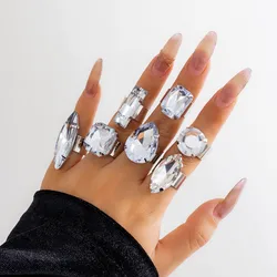 Gothic Unisex Large Shiny Rhinestone Geometric Waterdrop Open Rings Sets for Women Punk Bridal Wedding Party Jewelry