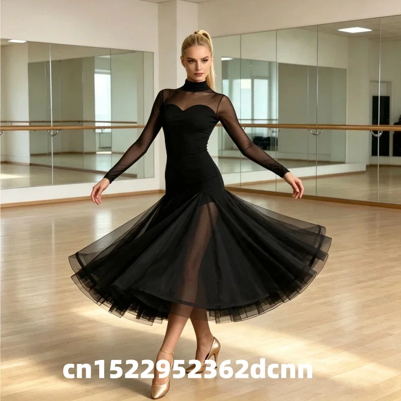 Vestido de baile de salón de manga larga para mujer, vestido de foxtrot, ropa de baile, trajes de tango, vestido de competición de rumba