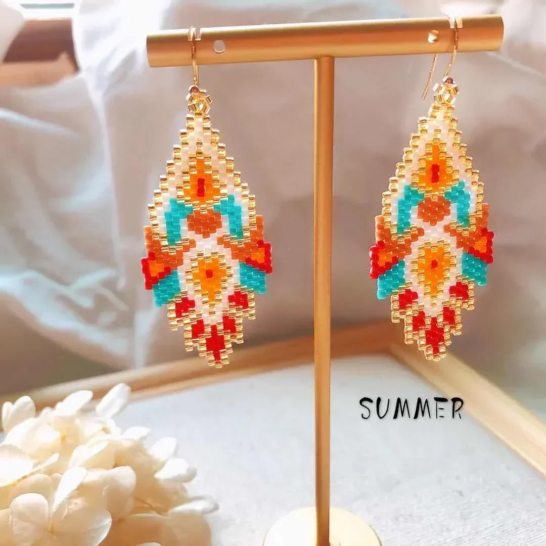 

Rice Bead Earrings Hand Knitting Retro Beaded Bohemia Geometry Ma'am Fringe Earrings for Women