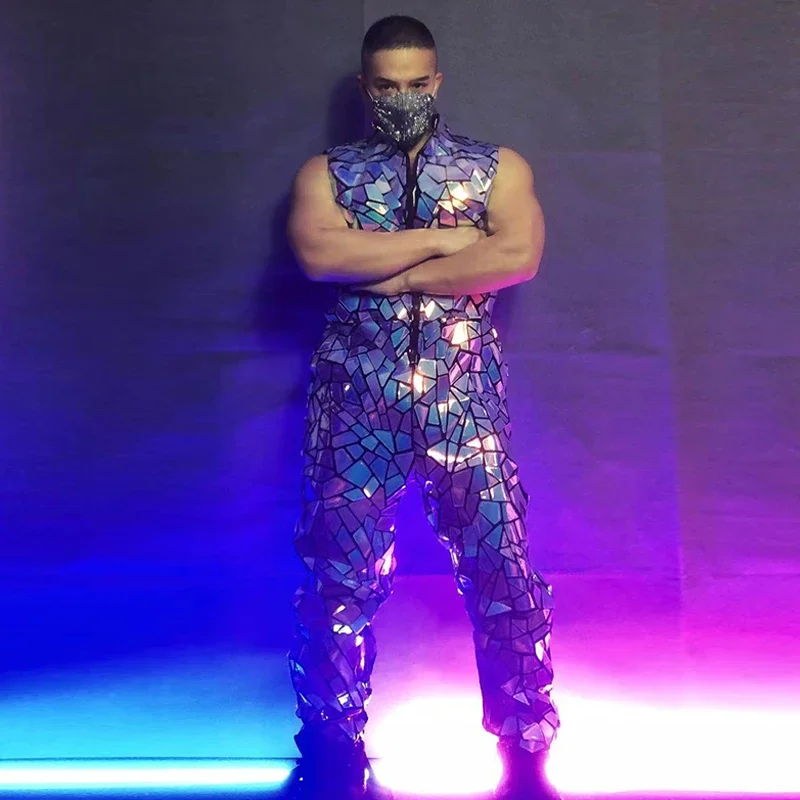 반사 레이저 스팽글 민소매 점프수트 미러 오버올 남성 가수 바 나이트클럽 힙합 댄스 의상 섹시 DJ 무대 의상