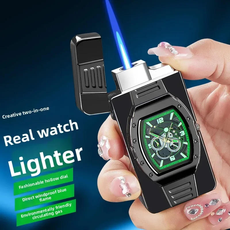 Creative Watch Straight Flame Lighter Cool Night Light Pointer Multifunctional Pulse Outdoor Windproof Lighter Smoking Gift