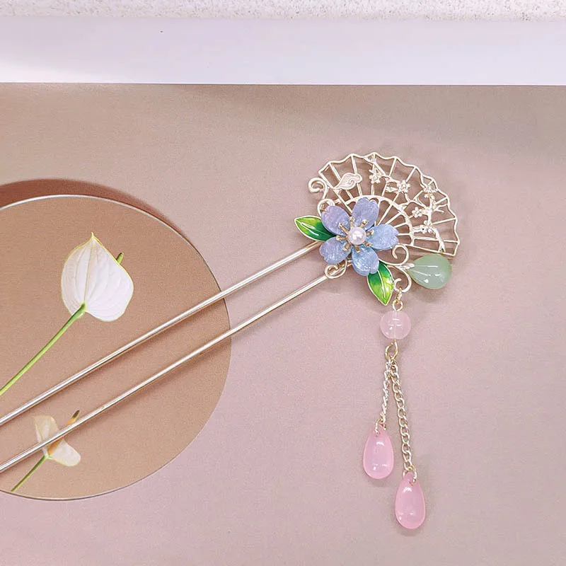 

New Chinese-style flower fan hairpin, modern and high-end tassel hairpin, ancient-style walking and shaking head decoration