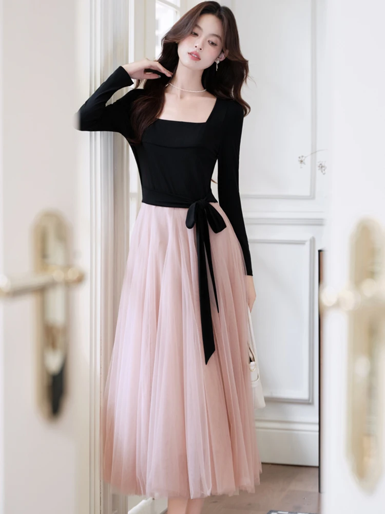 Otoño Invierno Rosa Patchwork negro manga larga vestido con cuello cuadrado mujeres elegante vestido vendaje con lazo 2025 Vestidos ceñidos coreanos