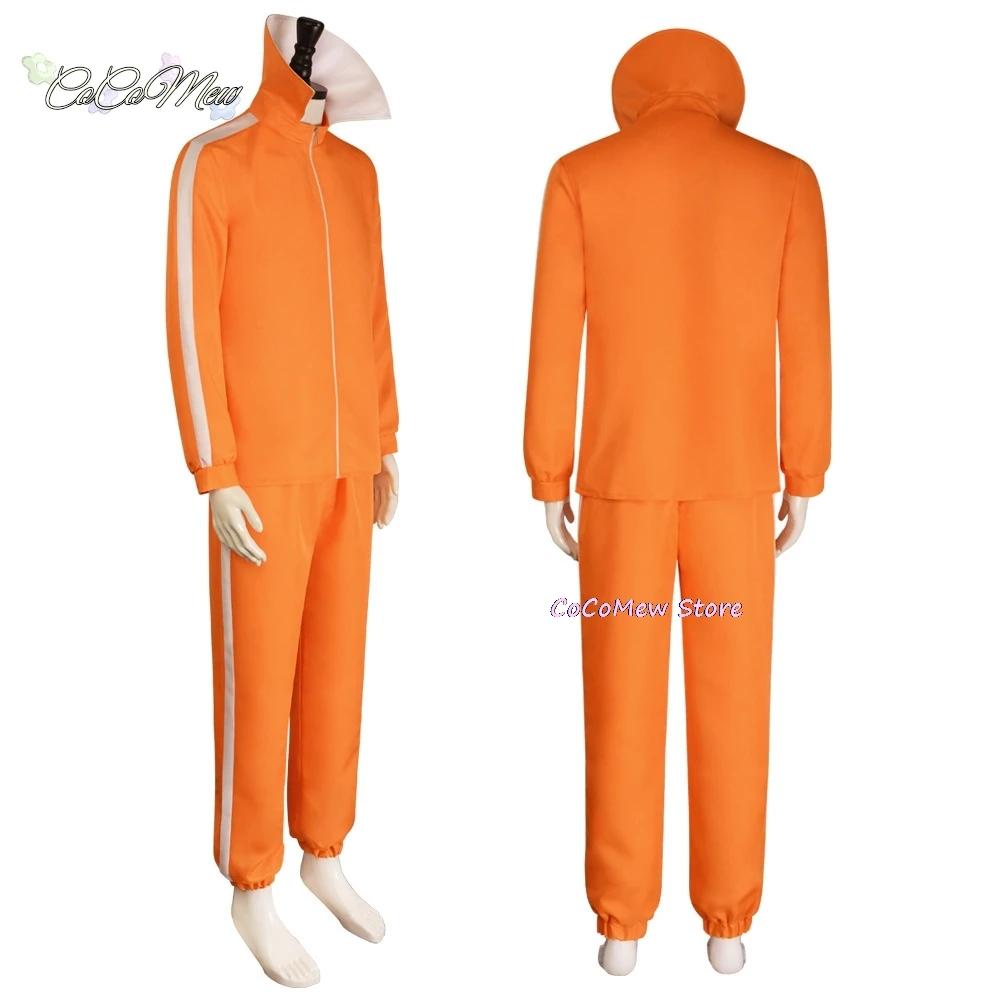 オレンジ色のジャケットとパンツのコスプレ衣装セット,映画のベクトル,ハロウィーンのファンシースーツ,パーティーの衣装,コート,キノコの形,かつら,メガネ