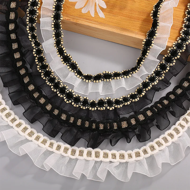 45 Yards 40MM Black White Fold Lotus leaf Edge Gold Wire Chiffon Ribbon Hair Bows DIY Handmade Accessories Crafts