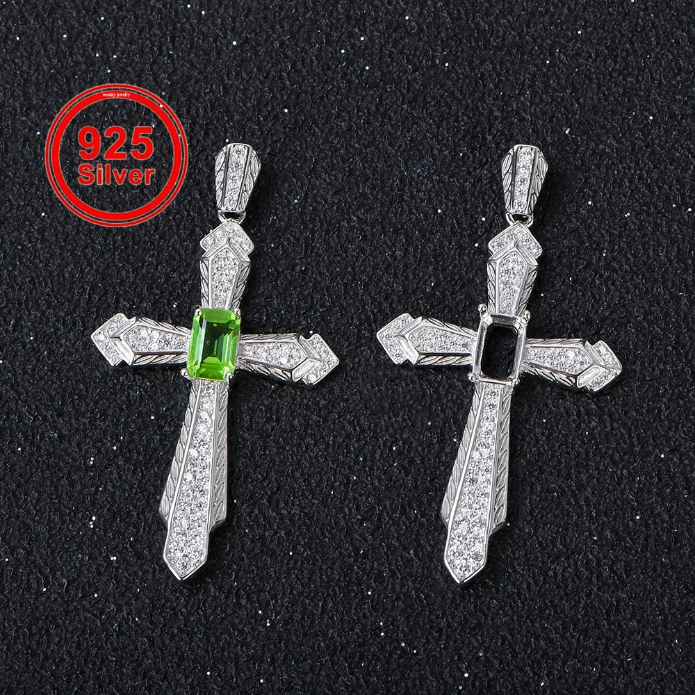 

4x6mm Octagon Cut Cross Pendant Setting, S925 Sterling Silver DIY Jewelry Making Charm Base
