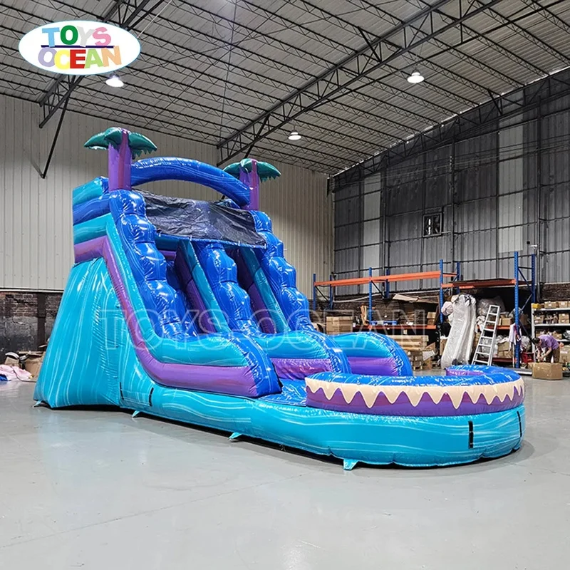 Shark Themed PVC Inflatable Outdoor Water Slide Tropical Design with Pool for Kids and Adults