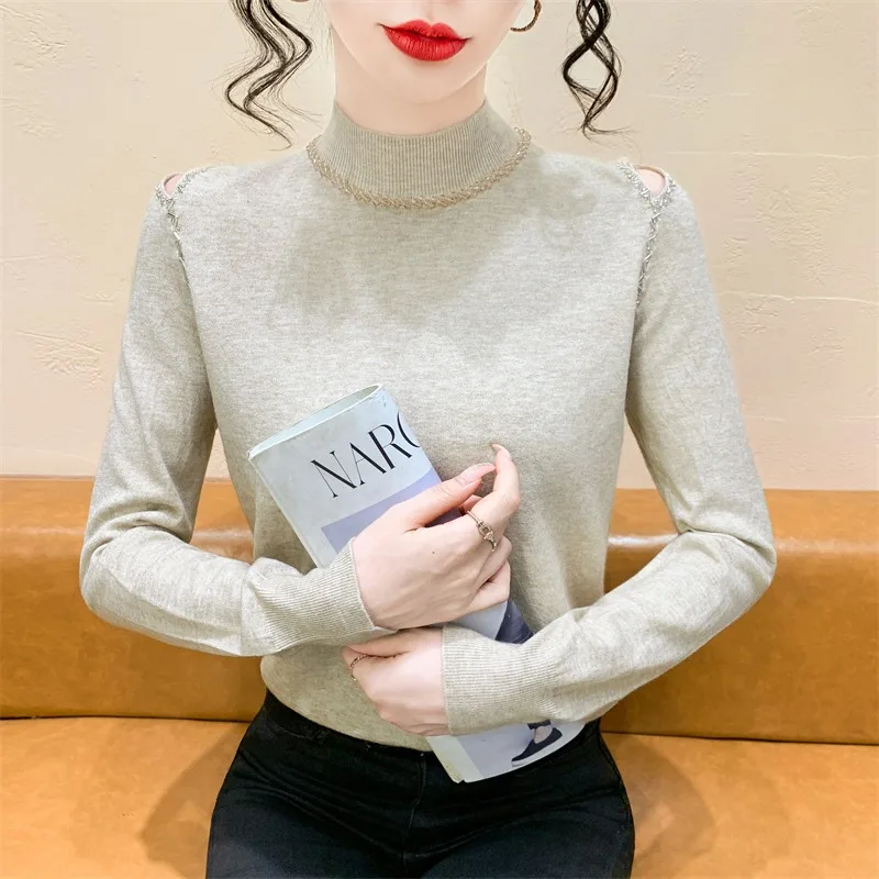 ヘビーウェイト オールダーベアリング ハイカラー ニットセーター レディース スリムフィット ロングスリーブ ベースレイヤー トップス 秋冬用