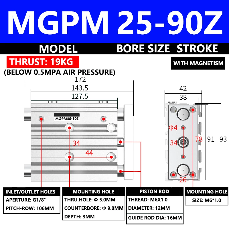 

ABILKEEN MGPM Series Pneumatic Compact Guide Cylinder MGPM25-90Z 25MM Bore X 90MM Stroke Thin Three Axis Three Rod Air Cylinder