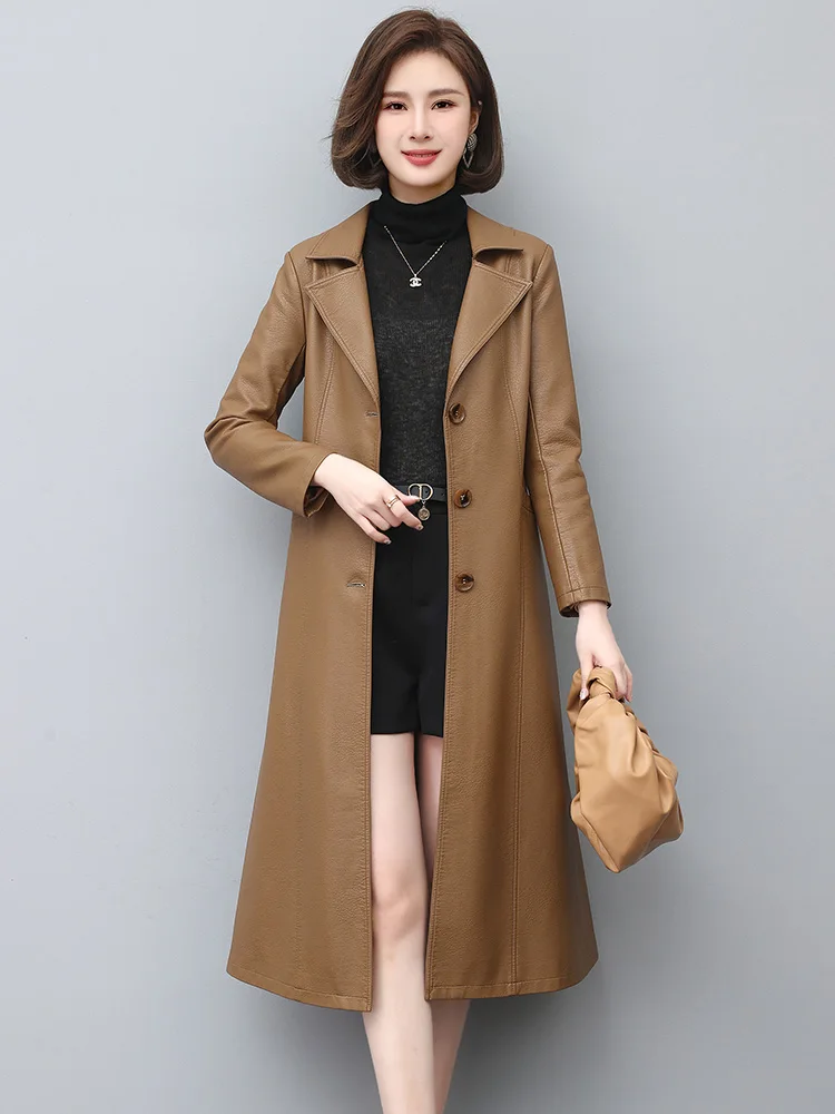 New Women Leather Trench Coat Spring Autumn Fashion Elegant Suit Collar Slim Long Sheepskin Outerwear Split Leather Tops Coat