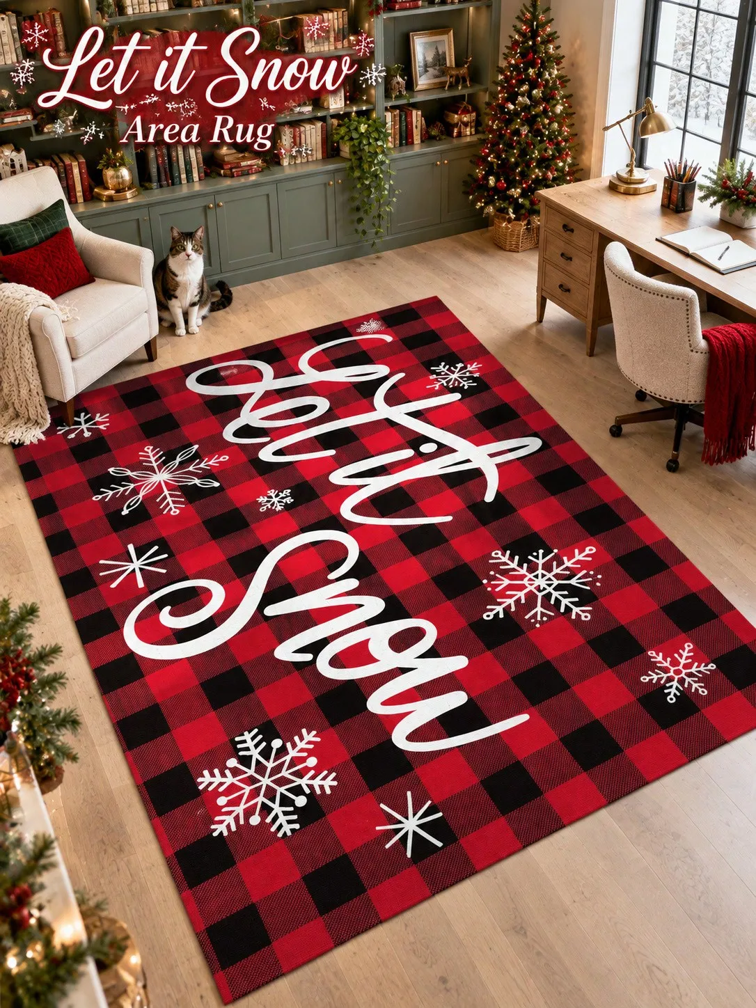 Christmas Rug Plaid Snowflakes Lettering Living Room Bedroom Entryway Hallway Floor Carpet Gift for Family Friends Neighbors Thanksgiving Birthday Anniversary Housewarming Apartment Cottage Home Styling Sofa Side Reading Nook Holiday Gathering