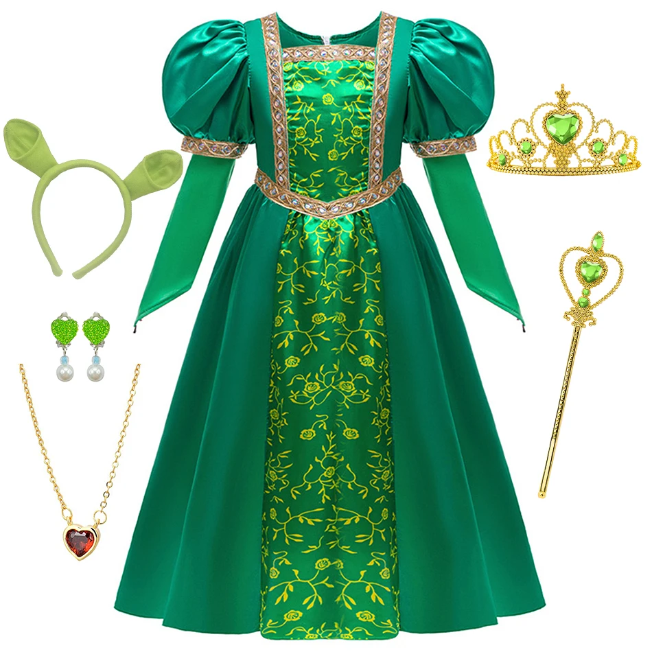 Mädchen Fiona Blumenmuster Grünes Prinzessinnenkleid Kinder Bühnenauftritts-Kostüm Geburtstag Halloween Maskerade Party Kleid Festliches Gewand