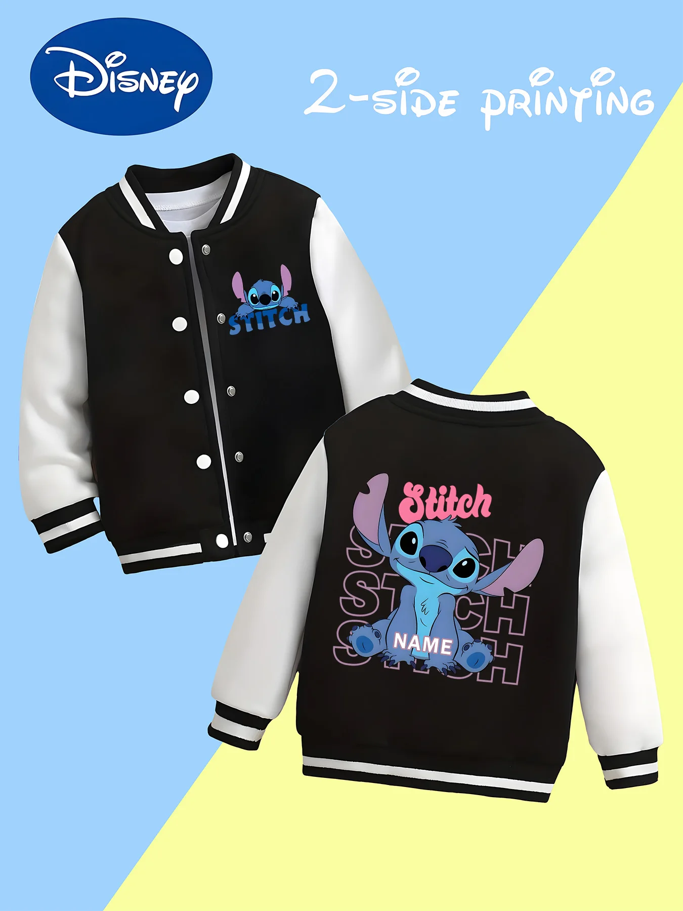 

MINISO Disney Stitch trendy children's baseball jacket - double-sided fashionable printing, suitable for campus life and street
