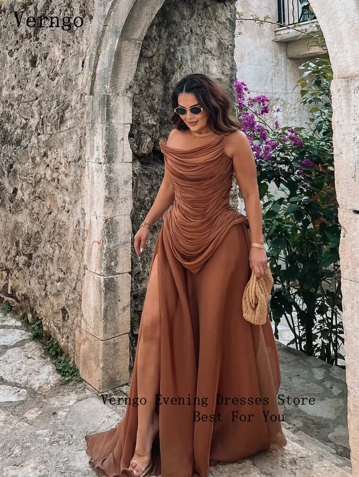 Verngo Brown Shiny Chiffon Evening Dress Strapless A Line Split Formal  Occasion Dresses Sexy Prom Party Gowns Customized - AliExpress 320