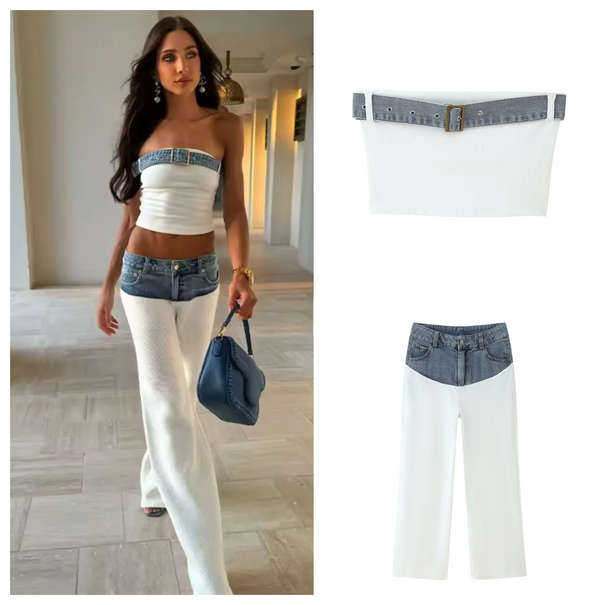 

European and American style new sexy hot girl two-piece denim splicing tube top vest with high waist straight pants