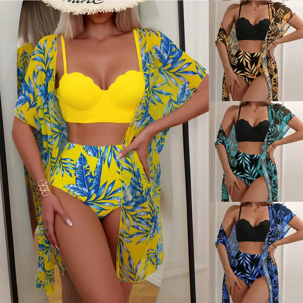 2026 New Island Vacation Skinny Swimsuit Women's Maple Leaf Printed Bikini Three-piece Set