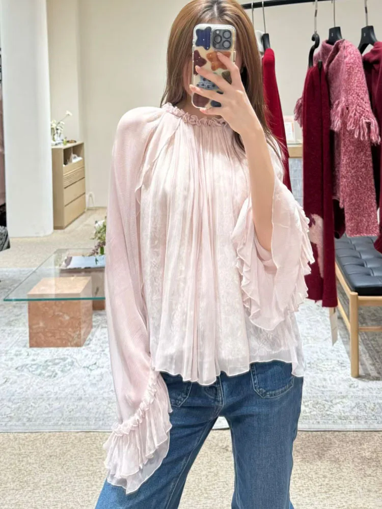 Lace ruffled loose top, stylish and high-end, versatile pink tops for women in 2026 summer collection