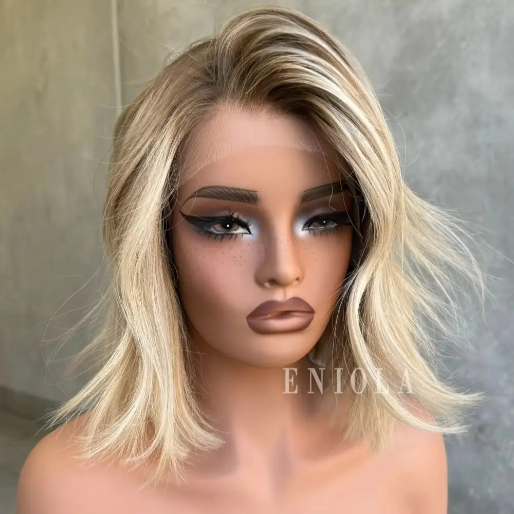 Short Bob Cut Wig Balayage Blonde With Ash Roots Synthetic Lace Front Wigs 12inches Natural Wave 13x4 Transparen Lace Front Wigs