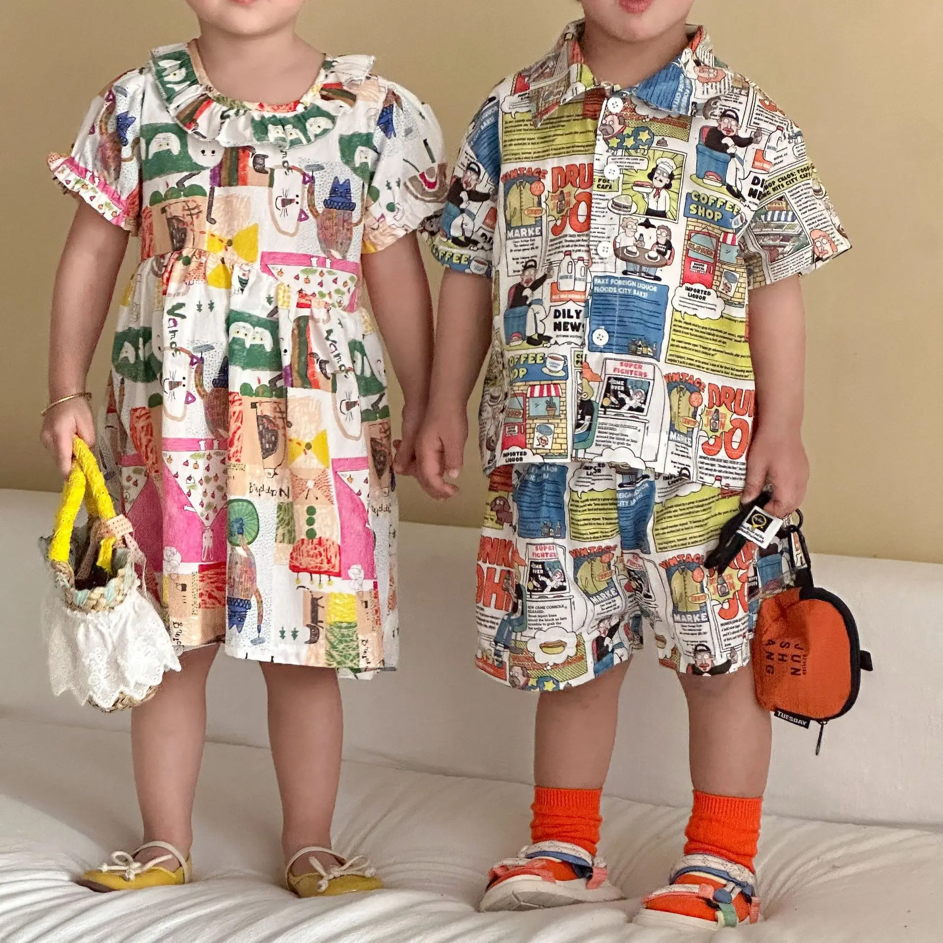 RAISE Children Summer Shirts Outfits Boys Vacation Suit 2026 Kids Girls Print Dress Brother Sister Outfits Siblings Matching Set
