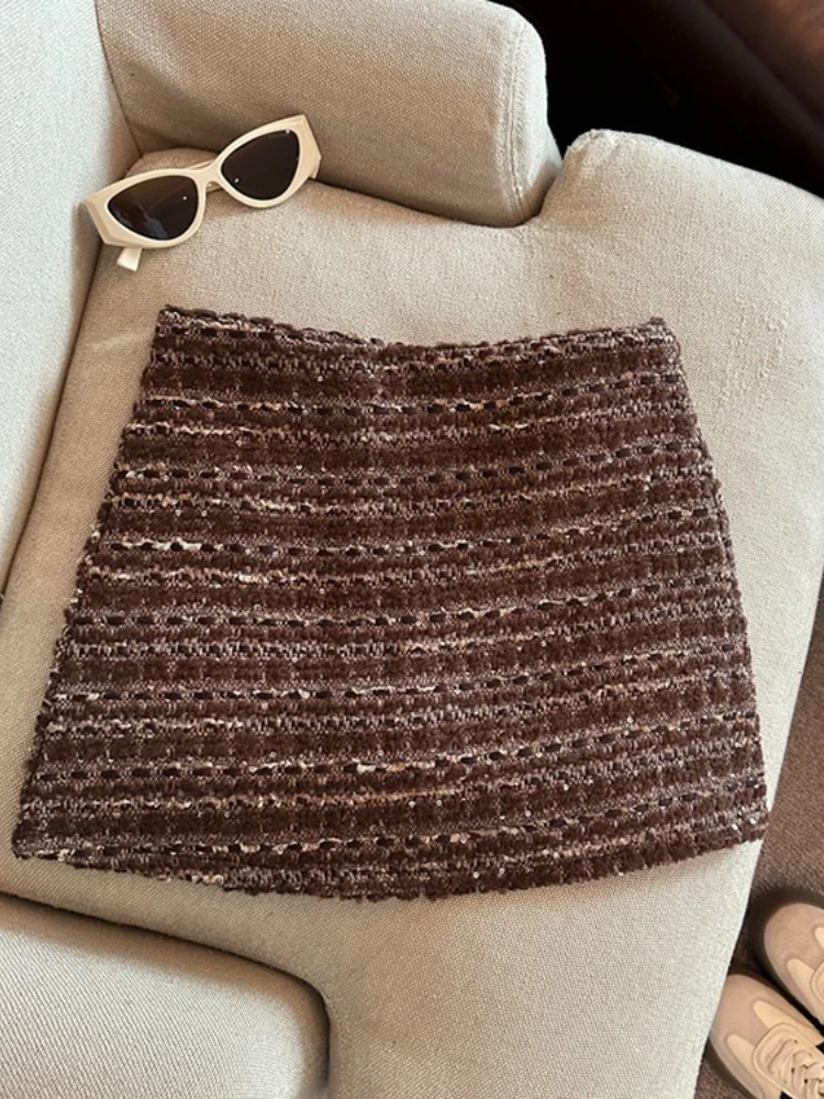Small fragrant style tweed A-line half skirt women's autumn and winter high waist hip hugging slim fit short skirt
