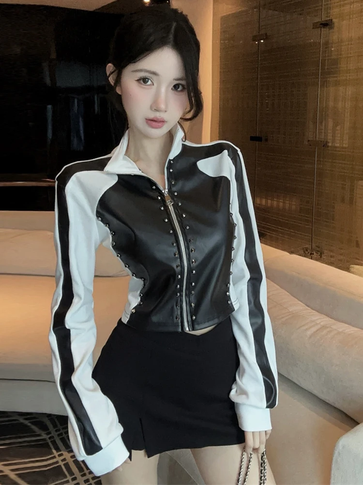 American Style Sweet Cool Motorcycle Sexy Girl Rivet Long Sleeve T-Shirt Zipper Design Slimming Top for Women High Waist