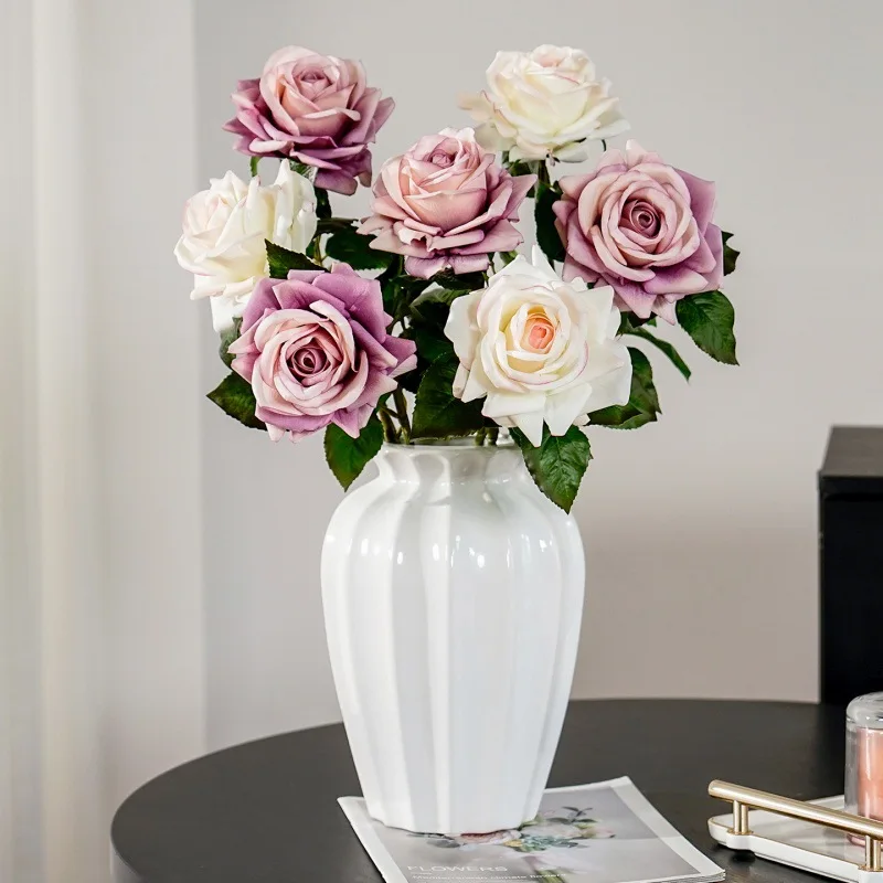 5Pcs Real Touch Rose Artificial Flowers Luxury Home Decoration Dining Table Party Moisturizing Rose Wedding Floral Arrangement