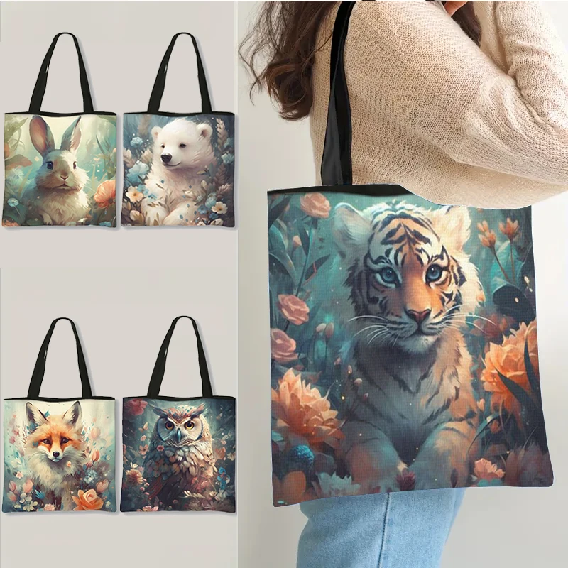 Kawaii Animal Tiger Owl Fox Pattern Shoulder Bag Women Handbags Harajuku Totes Bag Canvas Foldable Large Capacity Shopping Bags