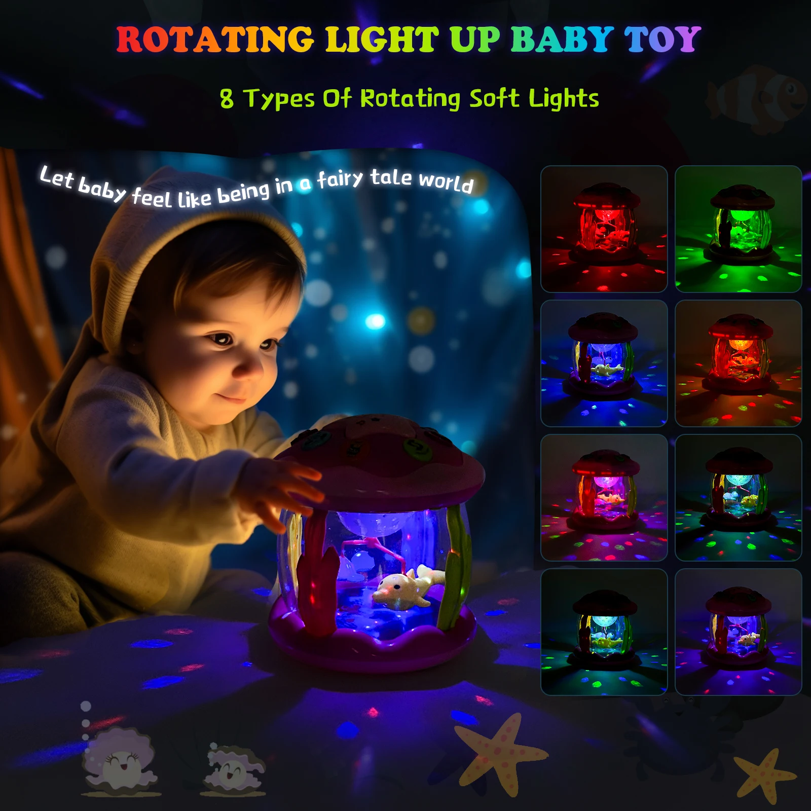 Tambor giratório oceano projetor com melodias para criança, brinquedos educativos de aprendizagem, brinquedos musicais light up para bebê, 6 a 12 meses