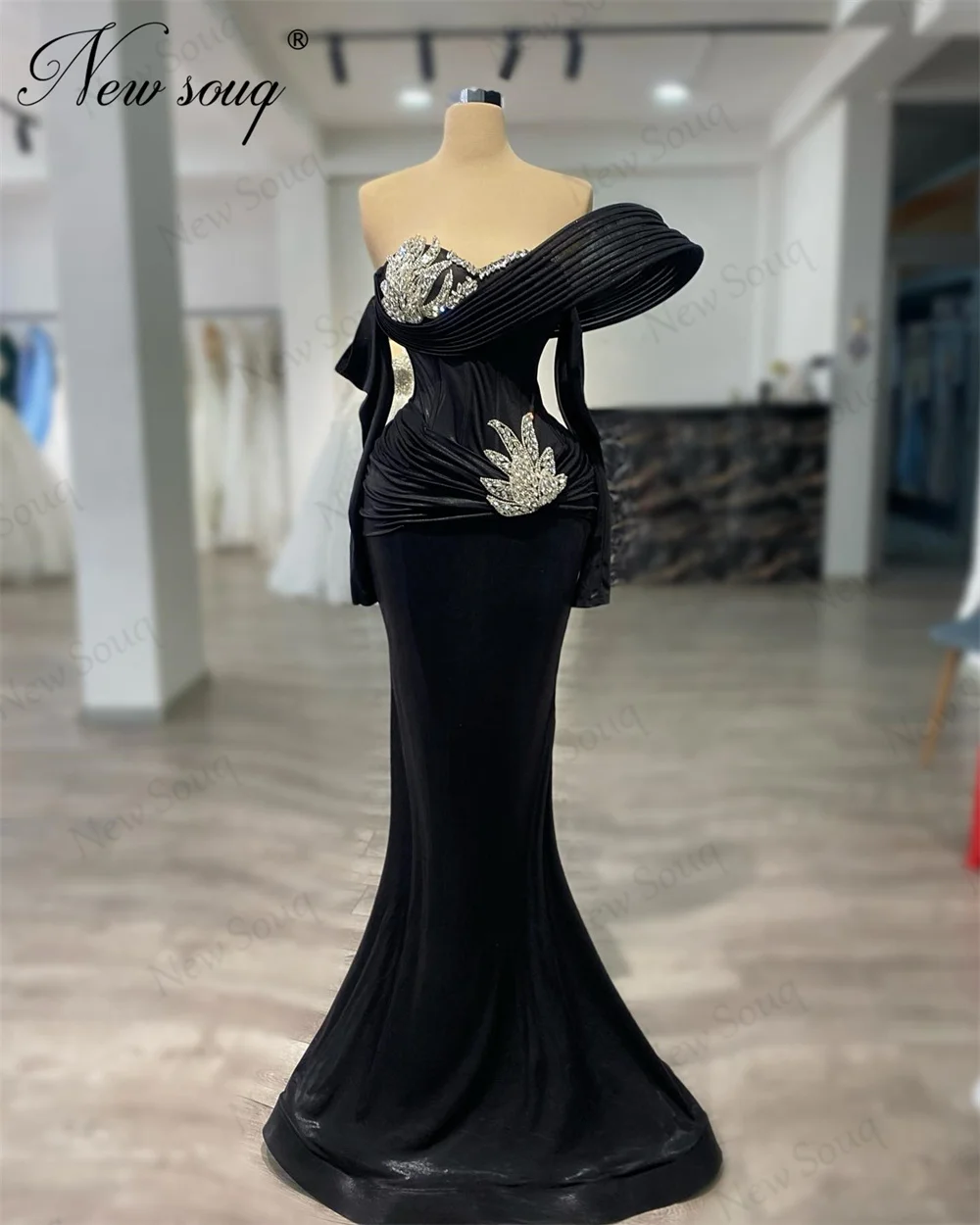 Black Mermiad Cocktail Dresses Off Shoulder Dubai Formal Occasion Dress Beaded Wedding Party Dress Robes De Soirée Customized